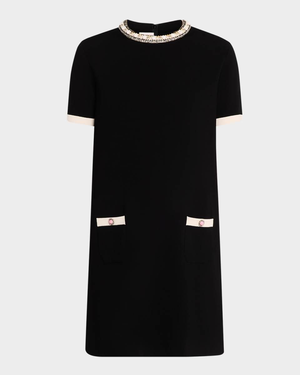 Embroidered Short-Sleeve Knit Mini Dress